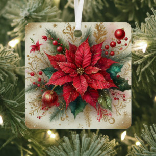 Ornement En Métal Fleur de poinsettia rouge de Noël avec paillettes 
