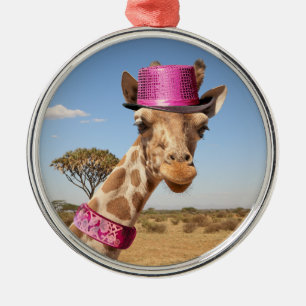 Ornement En Métal Giraffe en casquette rose étincelant