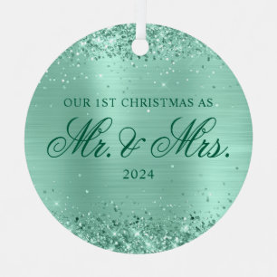 Ornement En Métal Glittery Light Turquoise Foil Notre 1ère photo de