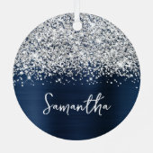 Ornement En Métal Glittery Silver Navy Blue Glam Nom (Verso)