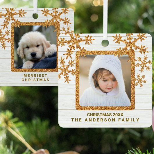 Ornement En Métal Gold Snowflake 2 Photo Chic double face