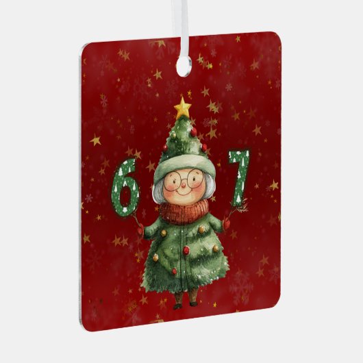 Ornement En Métal Granny Dressed As Christmas Tree Holding Six Seven (Avant droite)