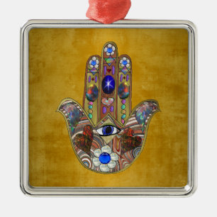 Ornement En Métal Hamsa Cœurs Fleurs Opale Art sur Or