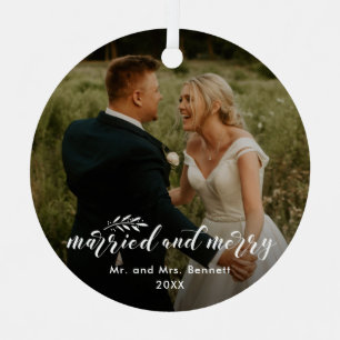 Ornement En Métal Hand Lettered Married and Merry Photo Christmas
