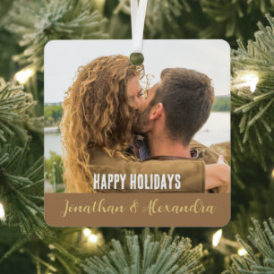 Ornement En Métal Happy Holidays Modern tendance script photo couple