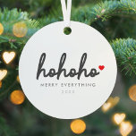 Ornement En Métal Ho Ho | Christmas Heart Modern Minimalist<br><div class="desc">Décor de Noël moderne et minimaliste avec "ho ho ho ho ho ho" en écriture manuscrite typographie suivie d'un coeur rouge. Le message "Joyeux tout" peut être facilement personnalisé avec l'année ou ajouter vos noms de famille pour une touche personnelle. L'inverse est dans une couleur rouge clair complémentaire pour une...</div>