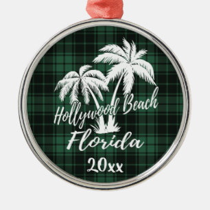 Ornement En Métal Hollywood Beach Florida Palm Tree Green Plaid