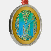 Ornement En Métal Initial Monogram M Christmas - Gold , Teal & Blue (Droite)