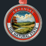 Ornement En Métal Insigne d'art de voyage de l'Arkansas<br><div class="desc">Arkansas design de déplacement vectoriel rétro. Cet art de voyage de style rétro,  avec son mélange de couleurs audacieuses et d'allure vintage,  est conçu pour inspirer un sentiment d'aventure.</div>