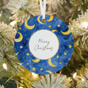 Ornement En Métal Jaune Or Bleu Etoiles Lunes Noël
