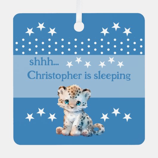 Ornement En Métal Joli léopard shhh ajouter nom dormir bleu (Recto)