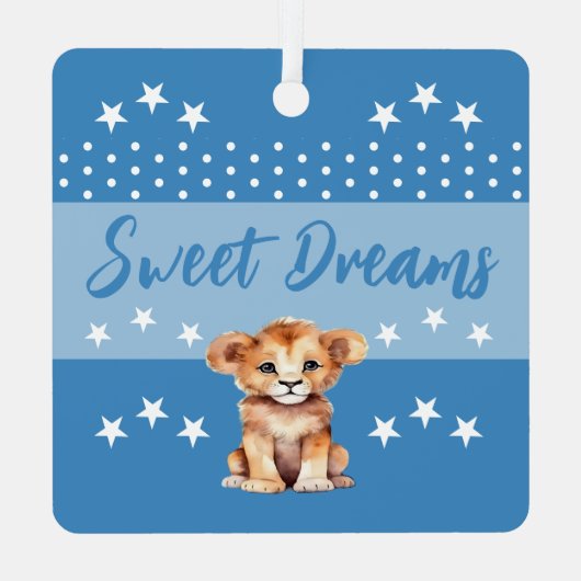 Ornement En Métal Joli lion shhh ajouter nom dormir bleu (Verso)