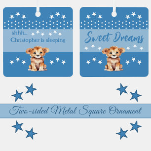 Ornement En Métal Joli lion shhh ajouter nom dormir bleu