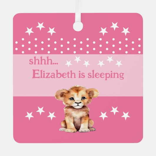 Ornement En Métal Joli lion shhh ajouter nom dormir rose (Recto)