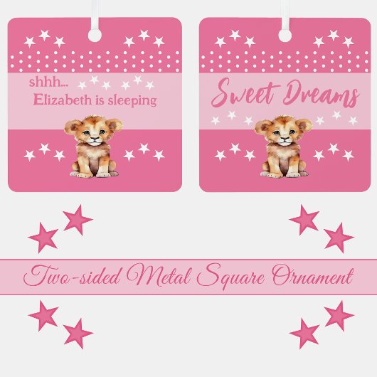 Ornement En Métal Joli lion shhh ajouter nom dormir rose