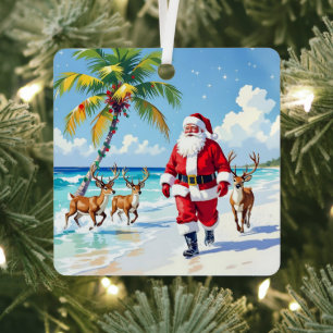 Ornement En Métal Joli Père Noël sur la plage avec des rennes person
