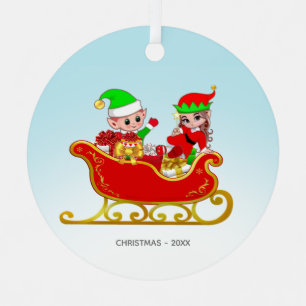 Ornement En Métal Jolie fée de Noël et elfe sur traîneau