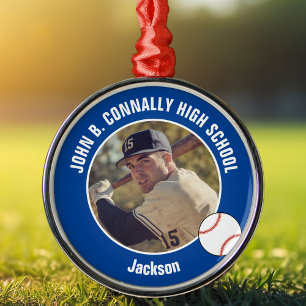 Ornement En Métal Joueur de baseball au lycée photo Noël bleu