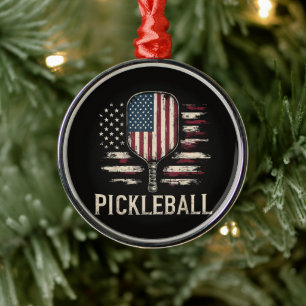 Ornement En Métal Joueur de Pickleball Drapeau États-Unis Rétro Padd