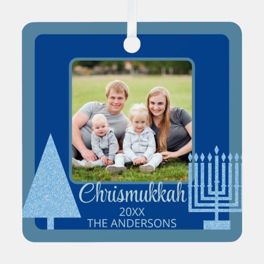 Ornement En Métal Joyeux bleu interconfessionnel Chrismukkah double (Recto)