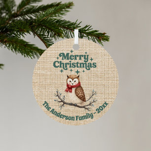 Ornement En Métal Joyeux burlap beige de Noël mignon hibou vert