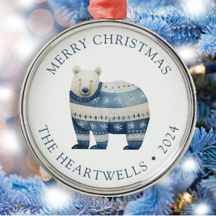 Ornement En Métal Joyeux Noël 2024 Ours Polaire Bleu Personnalisé