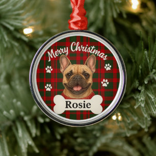 Ornement En Métal Joyeux Noël Bulldog français à carreaux rouges et
