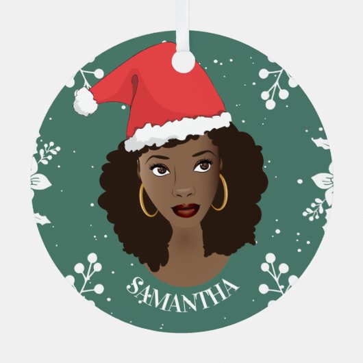 Ornement En Métal Joyeux Noël, Femme noire Chapeau rouge, Vert (Verso)