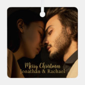 Ornement En Métal Joyeux Noël mignon couple photo script moderne (Recto)