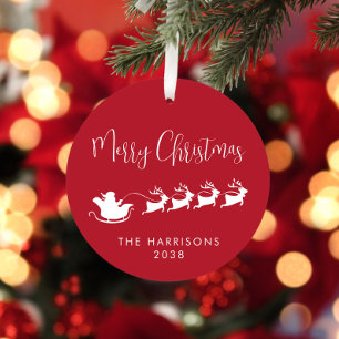 Ornement En Métal Joyeux Noël Père Noël Sleigh Photo Rouge