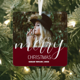 Ornement En Métal Joyeux Noël personnalisé Photo Bourgogne Nom