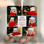 Ornement En Métal Joyeux Noël Photo Collage joli Rouge Script<br><div class="desc">Ce joli ornement moderne en métal de Noël joyeux présente un agencement élégant de 6 photos de famille sur un arrière - plan blanc avec une jolie typographie rouge. Ce magnifique cadeau de vacances photo pour enfants présente le collage photo de votre propre enfant entourant votre message festif et votre...</div>