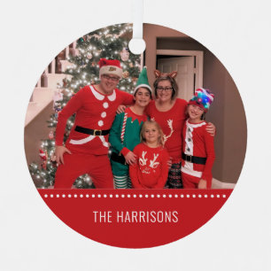 Ornement En Métal Joyeux Noël Photo Personnalisée Rouge Rond