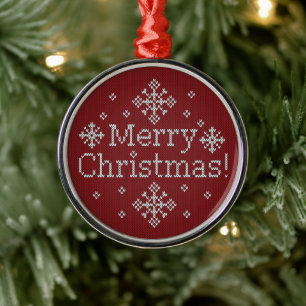 Ornement En Métal Joyeux Noël Rouge & Blanc Faux Knit
