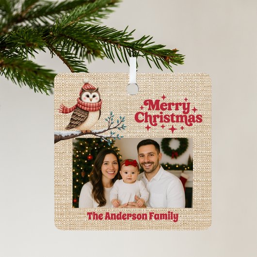 Ornement En Métal Joyeux Noël rouge photo burlap beige hibou