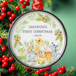 Ornement En Métal Jungle Animals Baby's First Christmas Ornament<br><div class="desc">Cute baby's first Christmas ornament the sweetest little jungle animals framed with watercolor jungle leaves.</div>