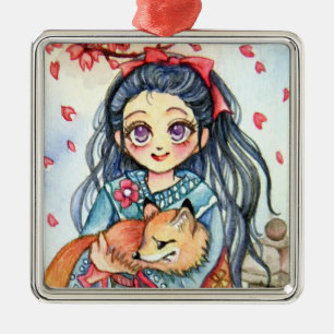 Ornement En Métal Kimono Girl Holding Little Fox