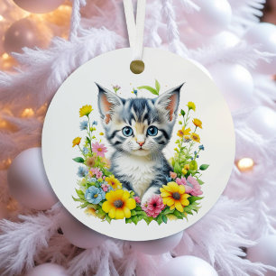 Ornement En Métal Kit de fleurs de chaton à l'aquarelle Noël personn