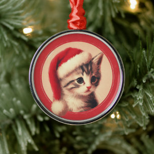 Ornement En Métal Kitten dans un chapeau de Santa Hat Vintage Retro