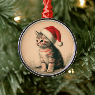 Ornement En Métal Kitten dans un chapeau de Santa Hat Vintage Retro