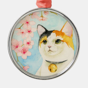 Ornement En Métal Le chat de calicot mignon avec le rose fleurit
