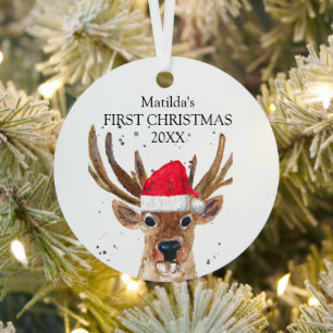 Ornement En Métal Le premier Noël de bébé Cerf Aquarelle Forêt