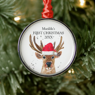 Ornement En Métal Le premier Noël de bébé Cerf Aquarelle Forêt