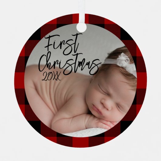 Ornement En Métal Le premier Noël du bébé rouge Plaid (Recto)
