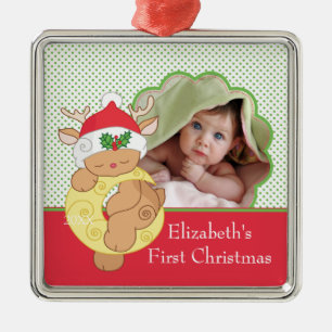 Ornement En Métal Le renne de la première photo de Noël du bébé
