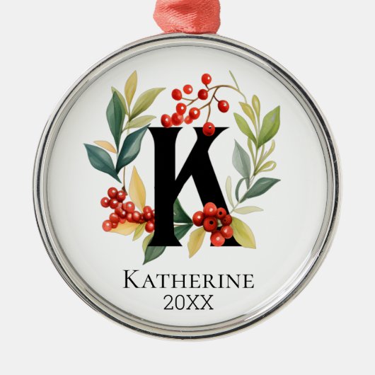 Ornement En Métal Lettre initiale K Berry Wreath Noël (Devant)