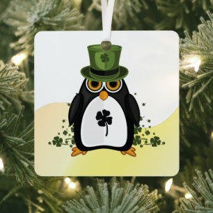 Ornement En Métal Lucky Penguin Saint-Patrick Irish Clover