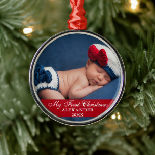 Ornement En Métal Ma première photo de bébé de Noël Rouge