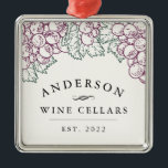 Ornement En Métal Maison personnalisée Cave à vin<br><div class="desc">Offrez aux amateurs de vin de votre vie ce décor de Noël personnalisé de cave à vin avec une arbor de raisins et de feuilles de raisin dans un style rustique vintage gravé. Personnalisez avec votre nom de famille, "caves à vin" et année établie. Un cadeau unique et réfléchi pour...</div>
