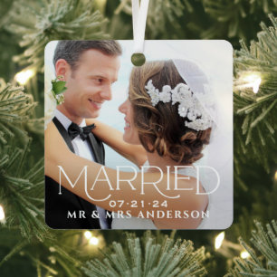 Ornement En Métal Marié Noël Custom Mariage Photo Monogramme